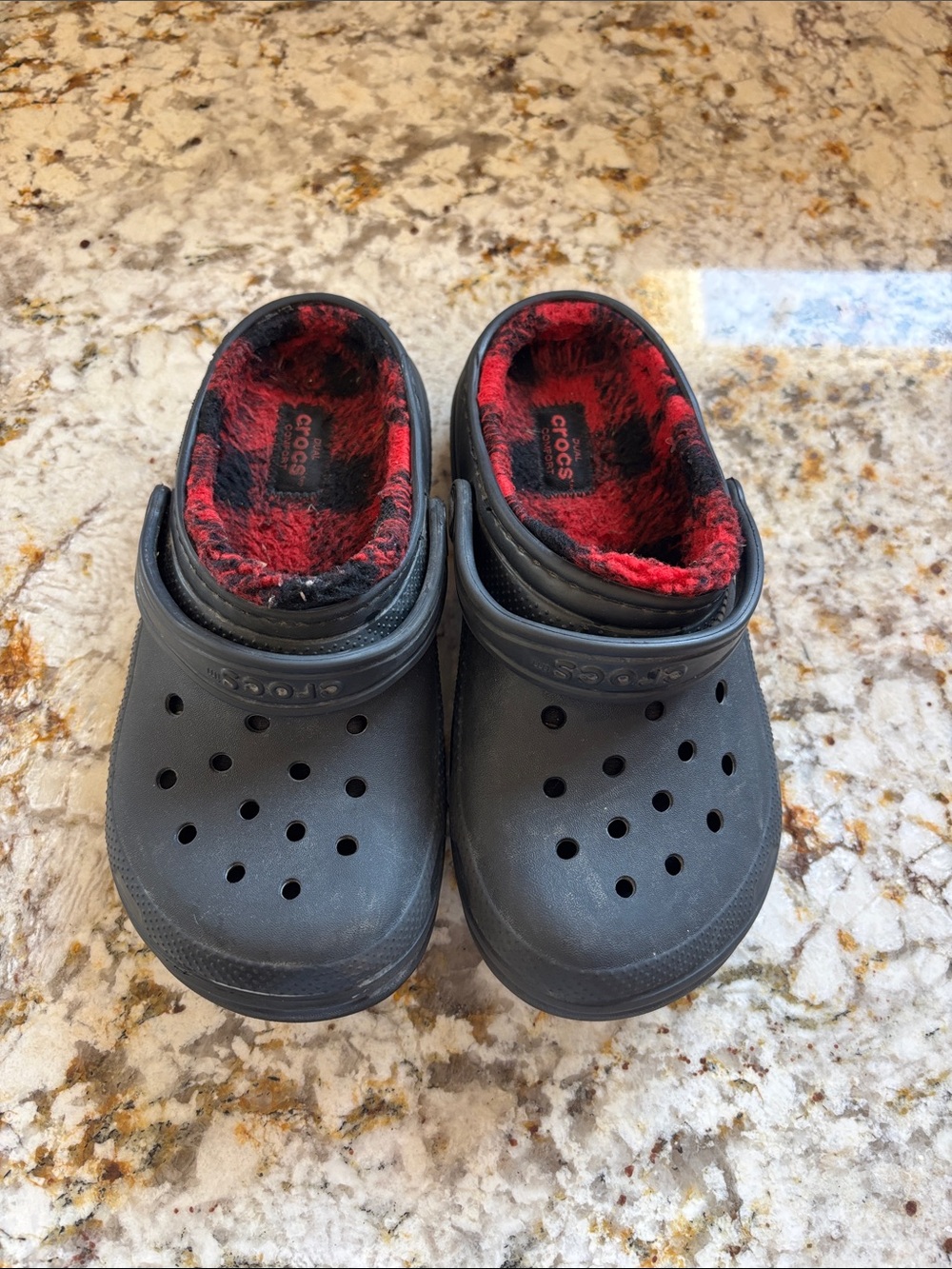 Kids black crocs buffalo check lined
